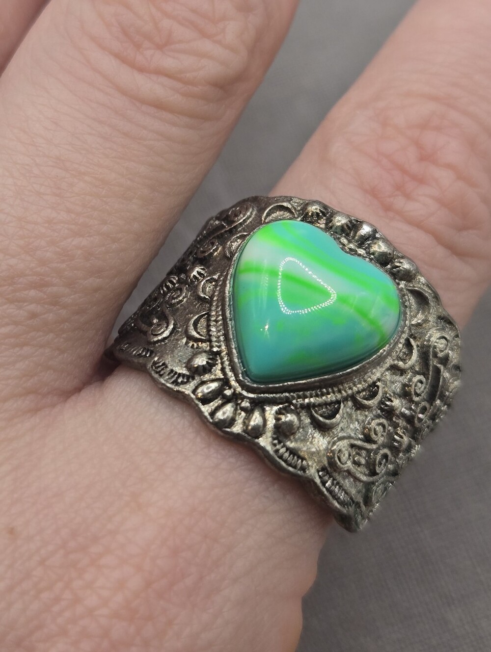 Silver Tone Filigree Faux Turquoise Heart Ring Size 8.5 Western Southwestern